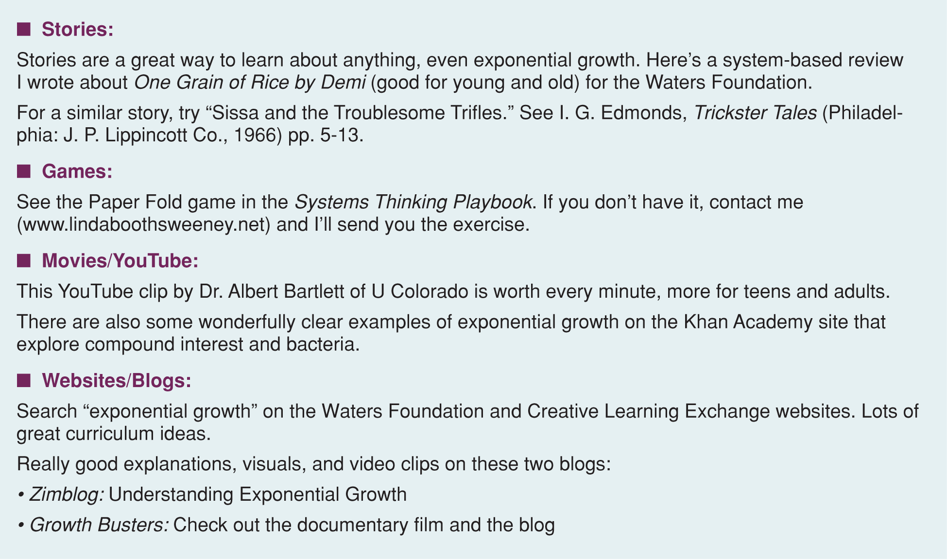 SOME RESOURCES FOR TEACHING KIDS ABOUT EXPONENTIAL GROWTH
